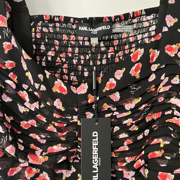 Karl Lagerfeld Smocked Crop Top Flower Print in Black Combo - Picture 11 of 13